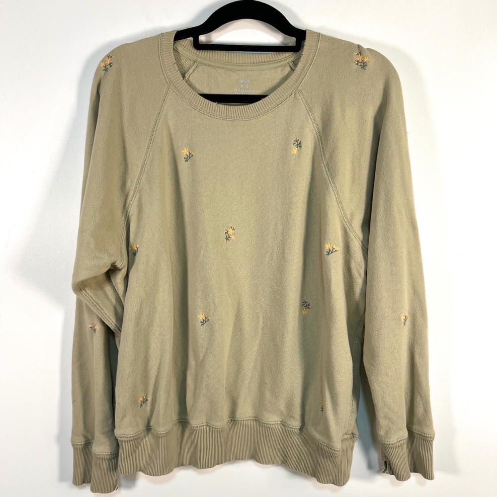 Aerie Womens Floral‎ Embroidered Raglan Sweatshirt Sage Green Cotton Size Medium
